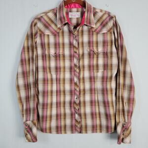 Panhandle Slim Plaid Long Sleeve Pearl Snap Button Shirt sz M pink brown western